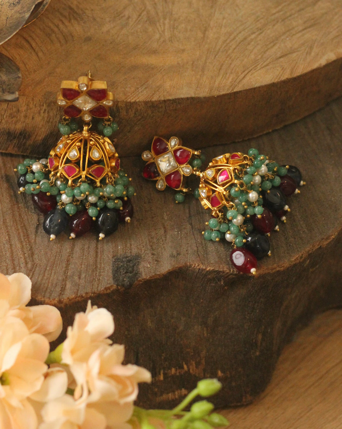 pink rajasthani earrings with sea green hangings