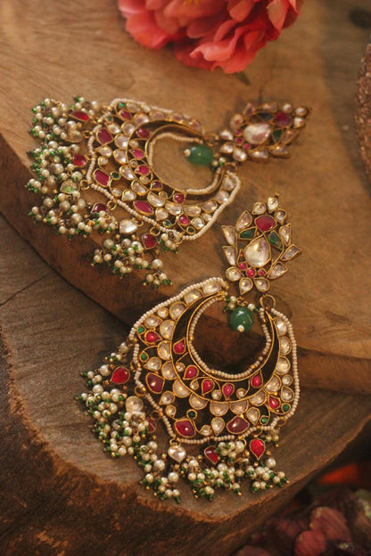 Pink,White And Green Jadtar Stones Big Chand Baalis Style Earrings