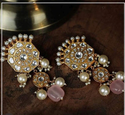 White Jadtar Stone Earrings With Pearl And Light Pink Beads