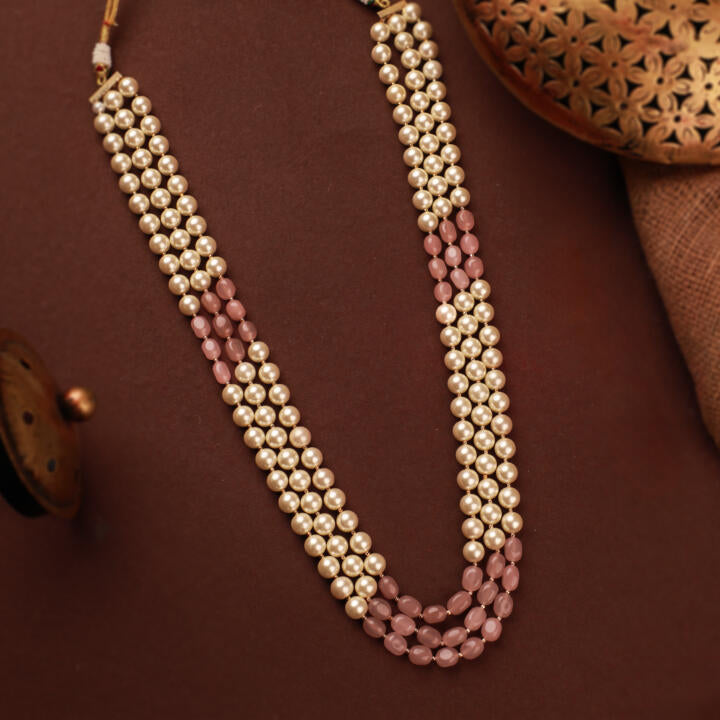 Gold plated pink beaded pearl  maala