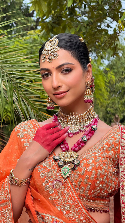 Choker Necklace Set With Jhumkis In Fresh  Emerald Beads