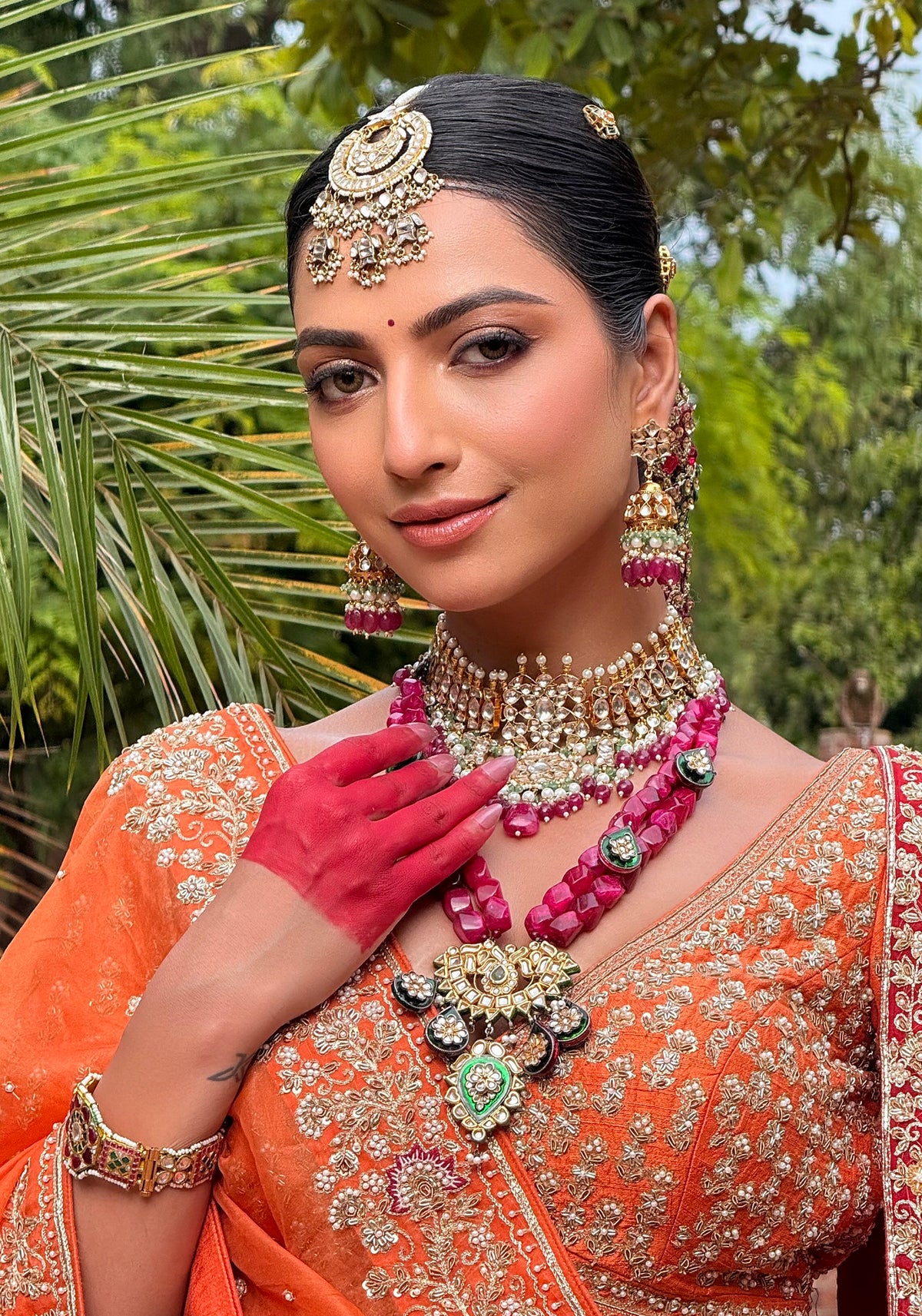 Choker Necklace Set With Jhumkis In Fresh  Emerald Beads