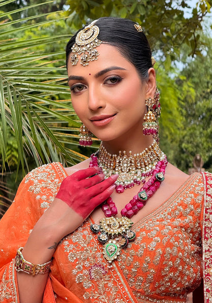 Choker Necklace Set With Jhumkis In Fresh  Emerald Beads