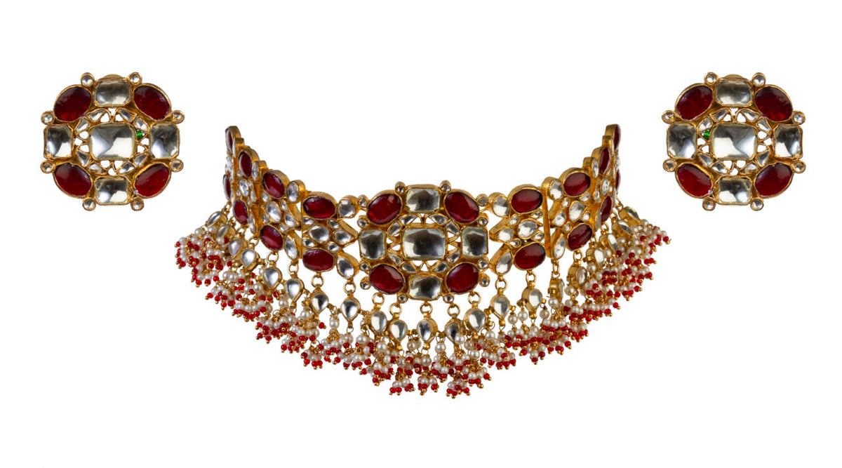 Beautiful Necklace Of Red And White Jadtar Studded