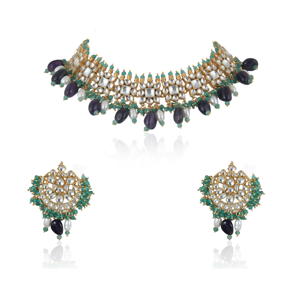Square Shape White Jadtar Stone With  Beads Necklace Set