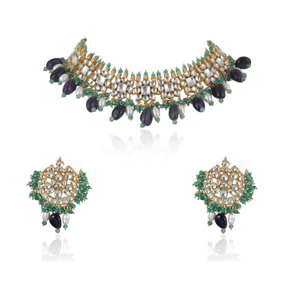 Square Shape White Jadtar Stone With  Beads Necklace Set