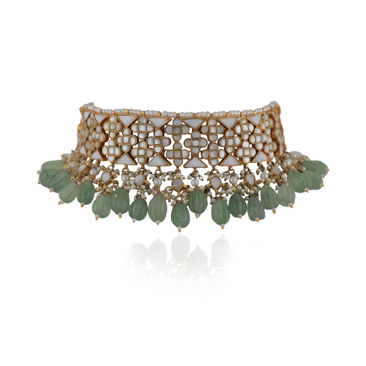 Unique Choker With Mother Of Pearl Stones, Beaded With Sea Green Pearls