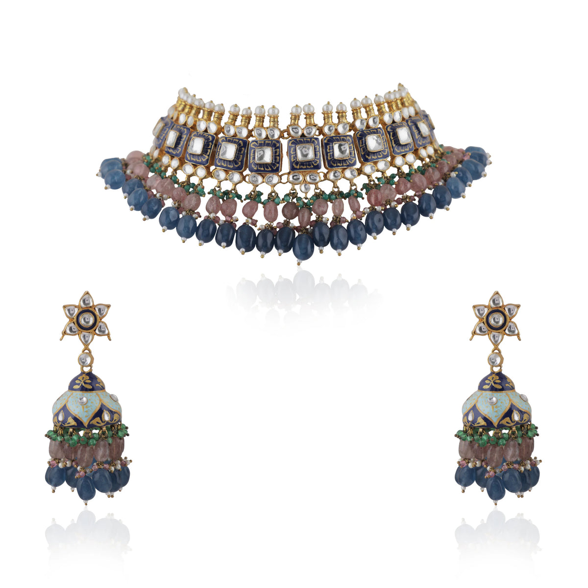 Multi Coloured Choker Necklace With Jhumkas Embellished In Blue Mina Work With A Hint Of Pastel Shades