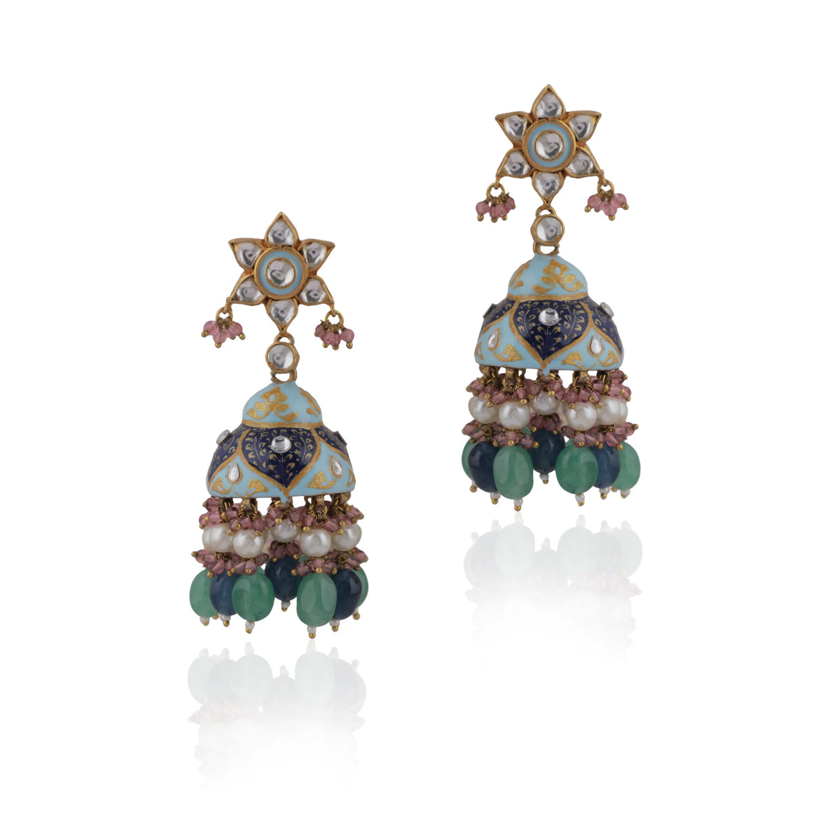 Choker Necklace Design In Multicolour Shades Of Blues And Greens With Jhumki Earings