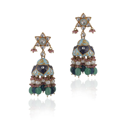 Choker Necklace Design In Multicolour Shades Of Blues And Greens With Jhumki Earings