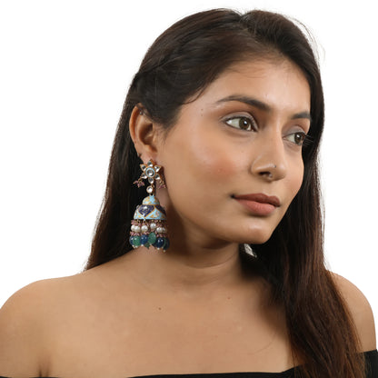 Choker Necklace Design In Multicolour Shades Of Blues And Greens With Jhumki Earings