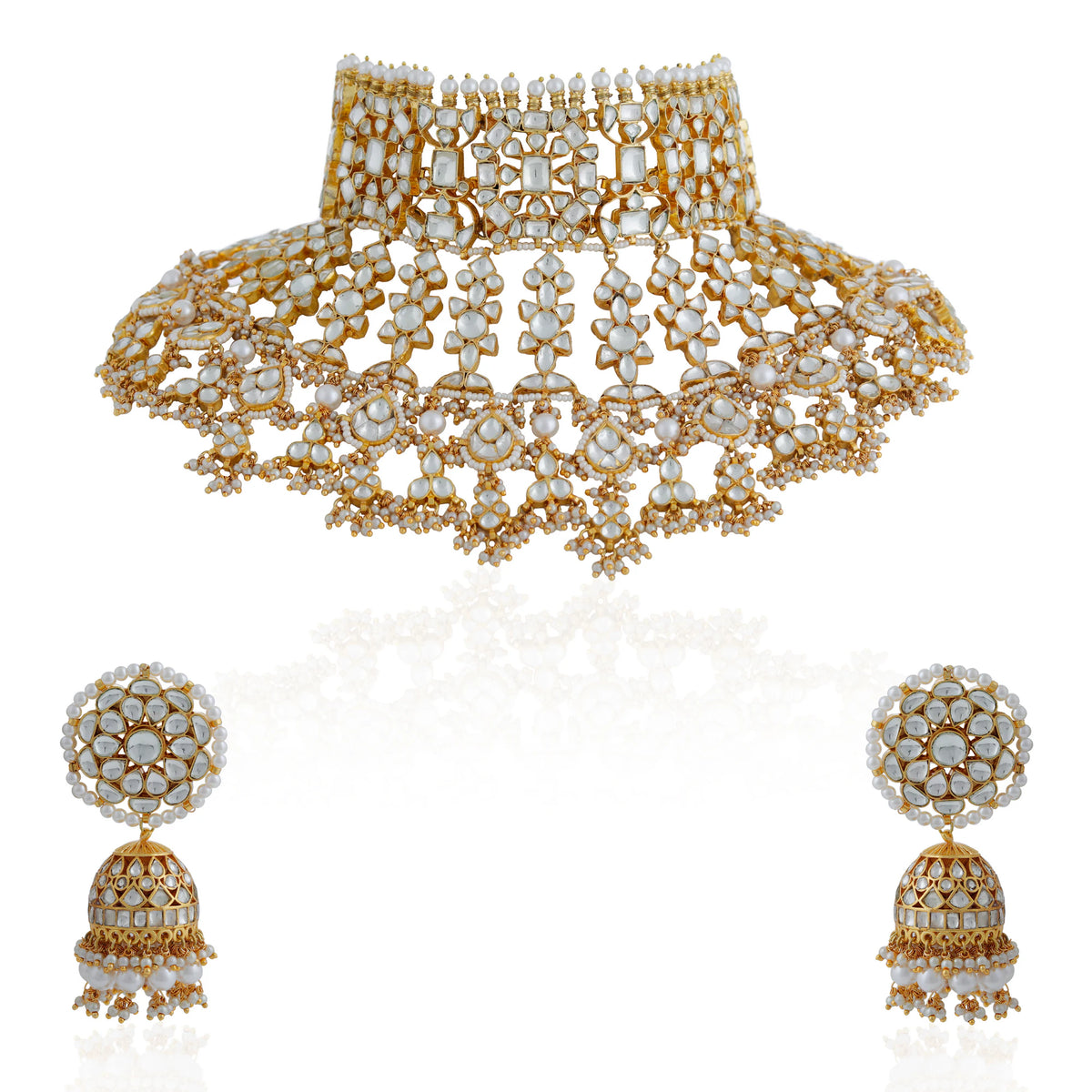 Gold plated White Bridal Necklace with jhumki/Traditional wear Jadau Necklace set