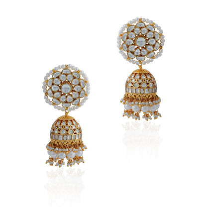Gold plated White Bridal Necklace with jhumki/Traditional wear Jadau Necklace set