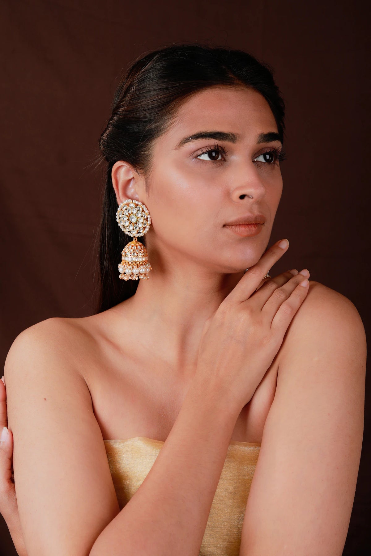 Gold plated White Bridal Necklace with jhumki/Traditional wear Jadau Necklace set