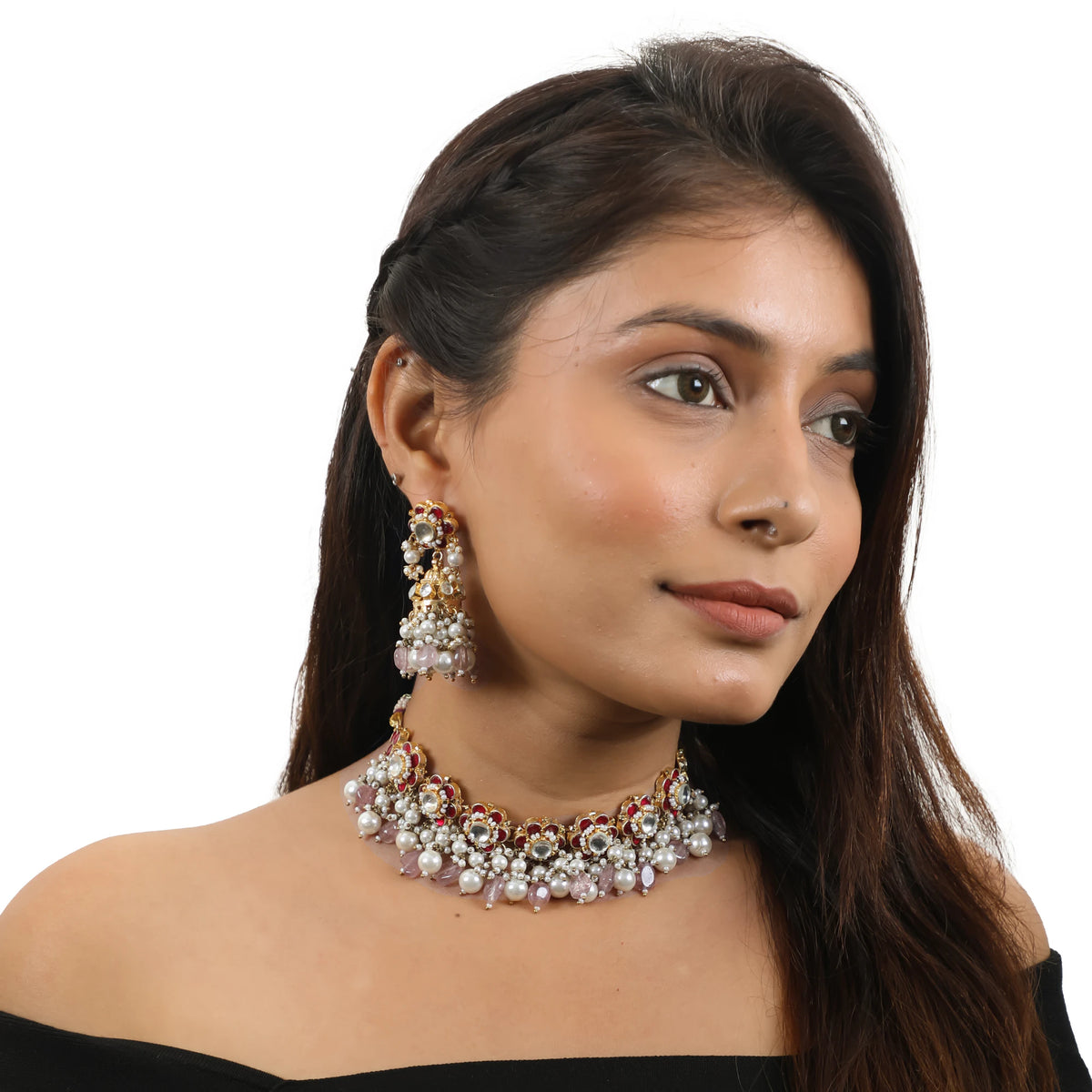 Delicate Choker Necklace With Floral Motives And Jhumki Earings In Pink Stones And Pearl Drops