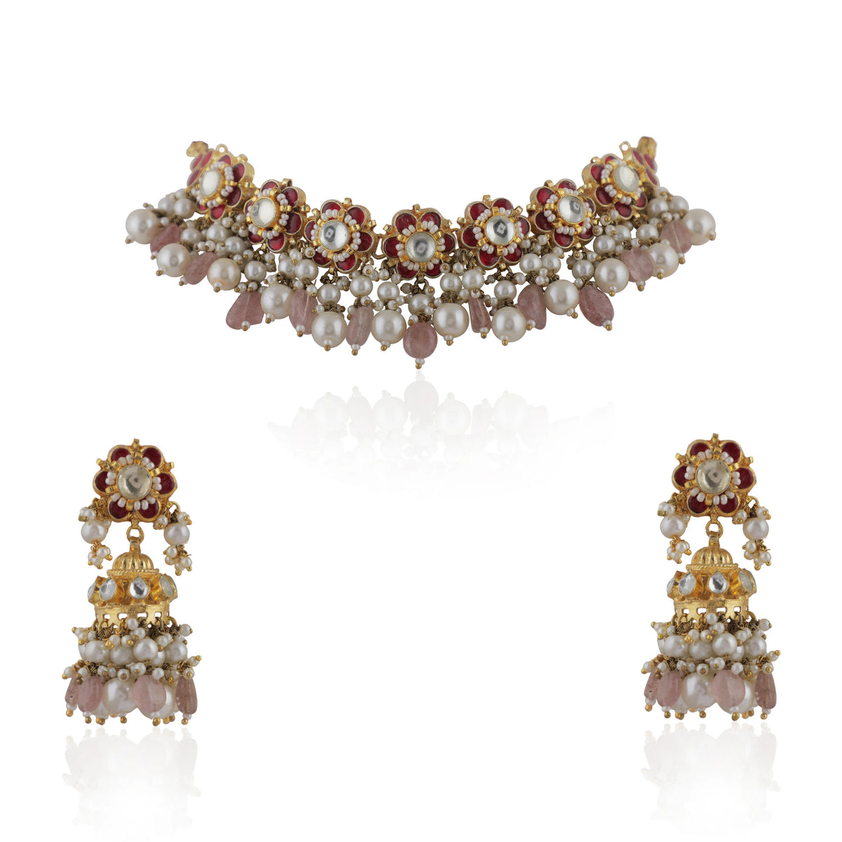 Delicate Choker Necklace With Floral Motives And Jhumki Earings In Pink Stones And Pearl Drops