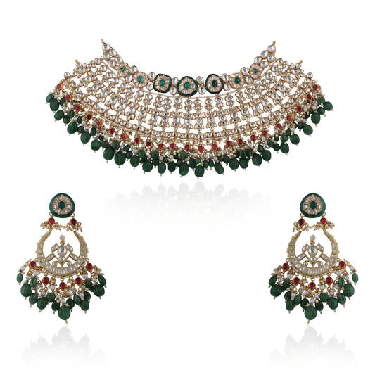 Bridal Necklace Set With Emerald Green And Ruby Pink Stones Embedded With White Jadtar Stones