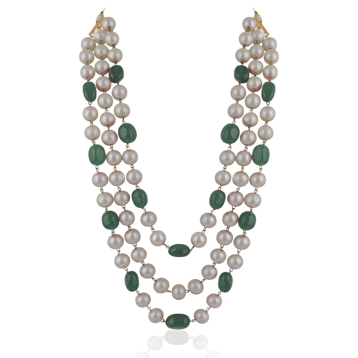Three String Maala Necklace With Pearls And Emeralds