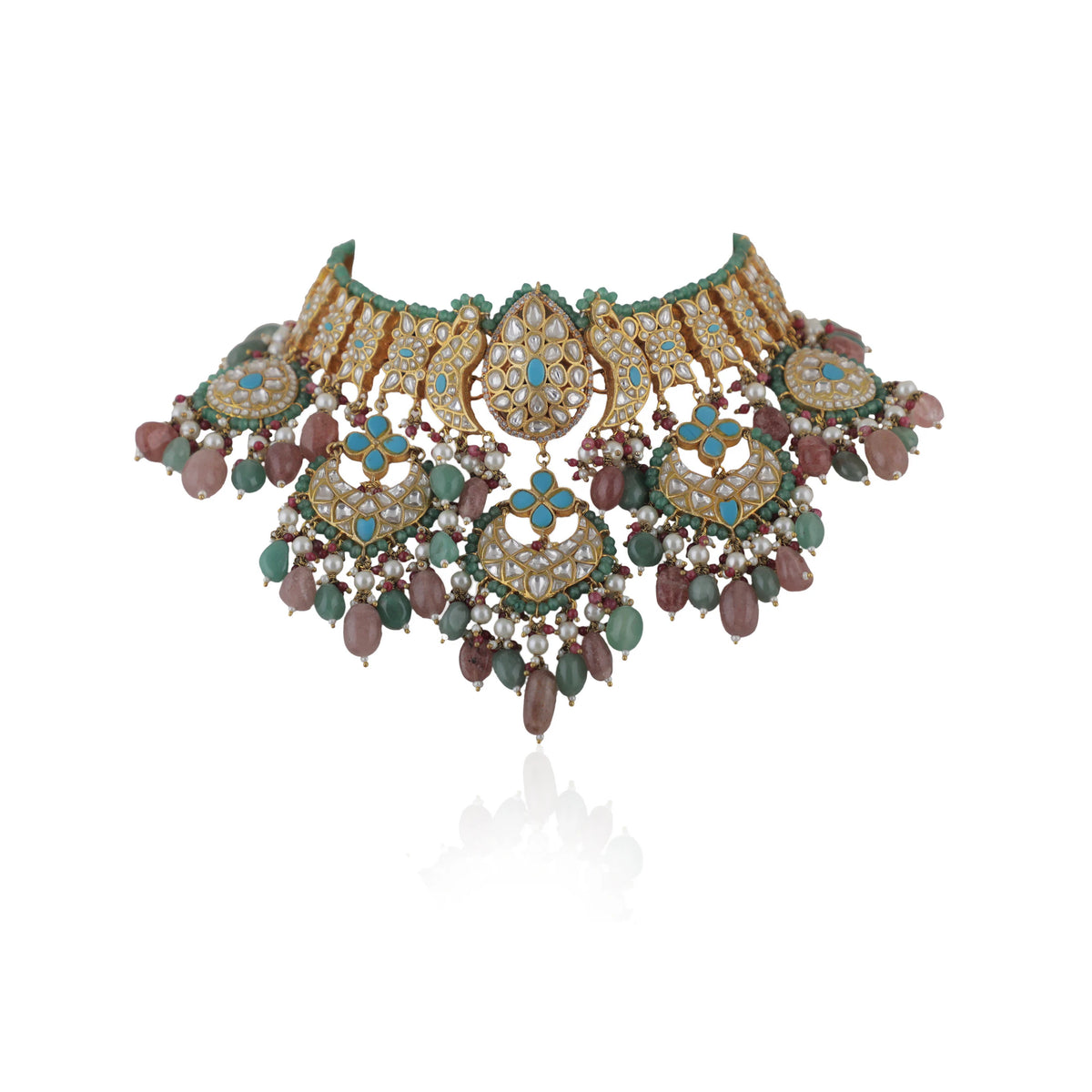 Fushion Necklace With A Touch Of Pastel Colours As Well As Firozi Blue Studded With White Jadtar Stones5