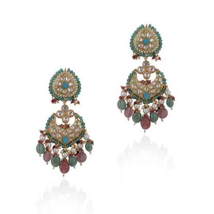 Fushion Necklace With A Touch Of Pastel Colours As Well As Firozi Blue Studded With White Jadtar Stones5