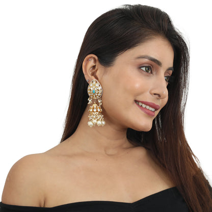 Long Pendant Necklace Set  Studded With White And Blue Jadtar Stones