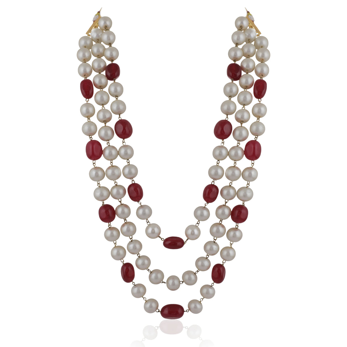 Three String Maala Necklace With Pearls And Ruby Beads