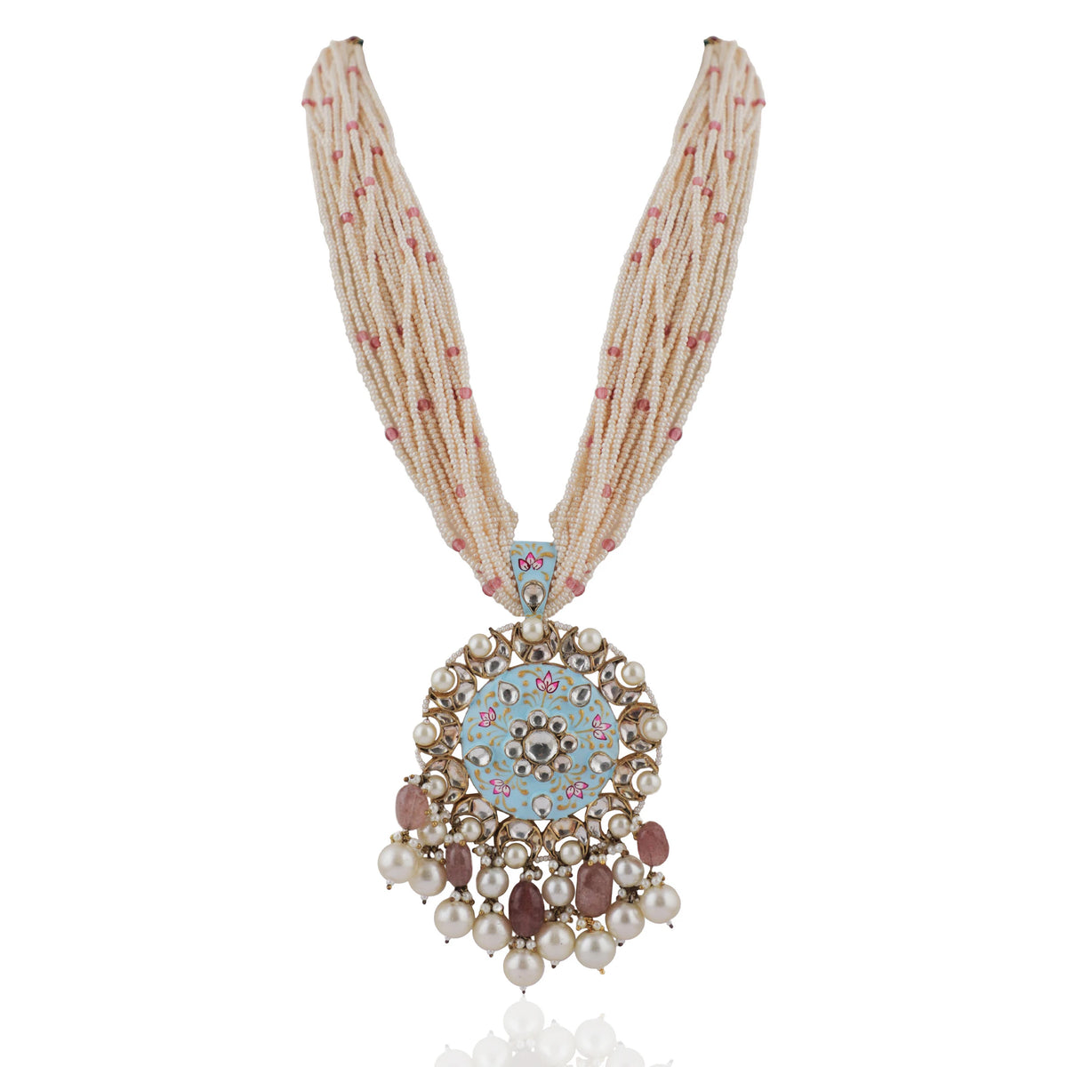 Long Necklace Set  With Firozi Mina Work Pendant And Pastel Pink Beads