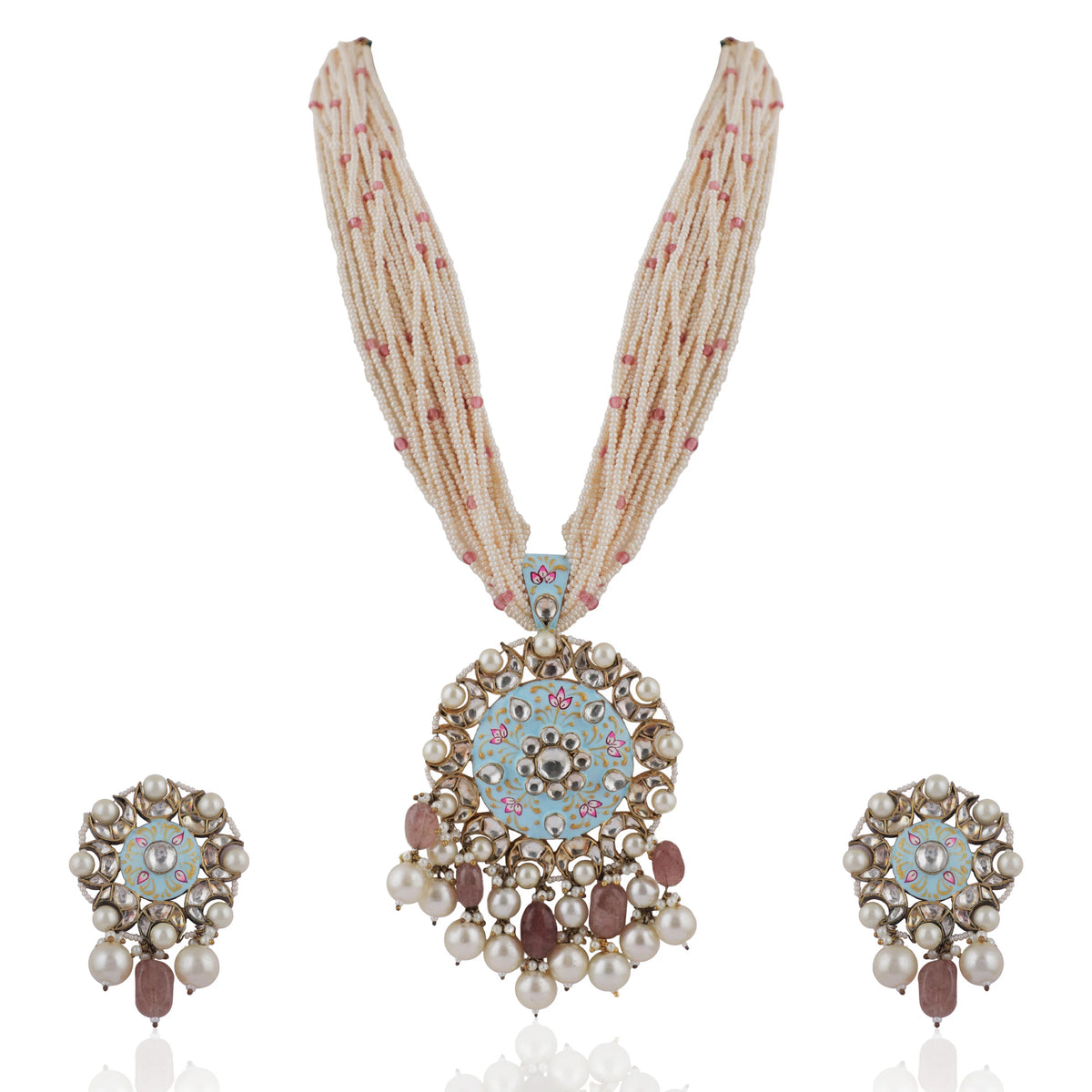 Long Necklace Set  With Firozi Mina Work Pendant And Pastel Pink Beads