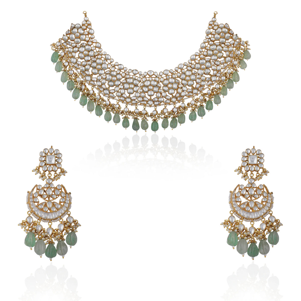 White Jadtar  Necklace Set With Jade Green Drops And Chandbali Earrings