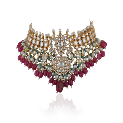 Choker Necklace Set With Jhumkis In Fresh  Emerald Beads