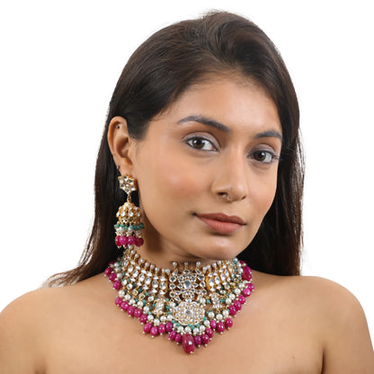 Choker Necklace Set With Jhumkis In Fresh  Emerald Beads