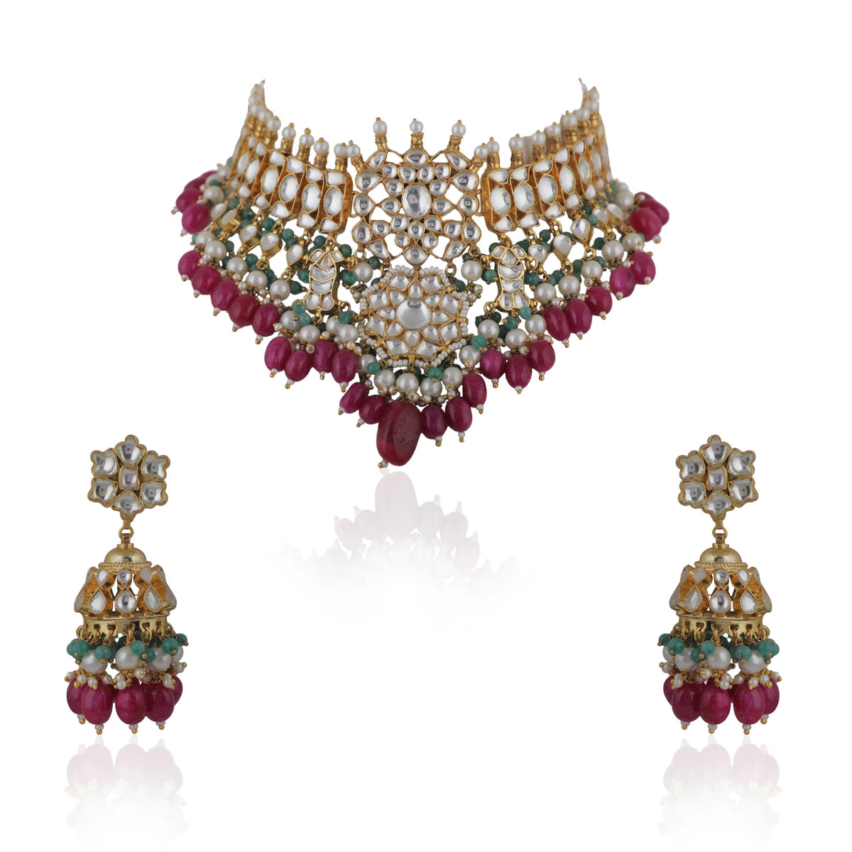 Choker Necklace Set With Jhumkis In Fresh  Emerald Beads