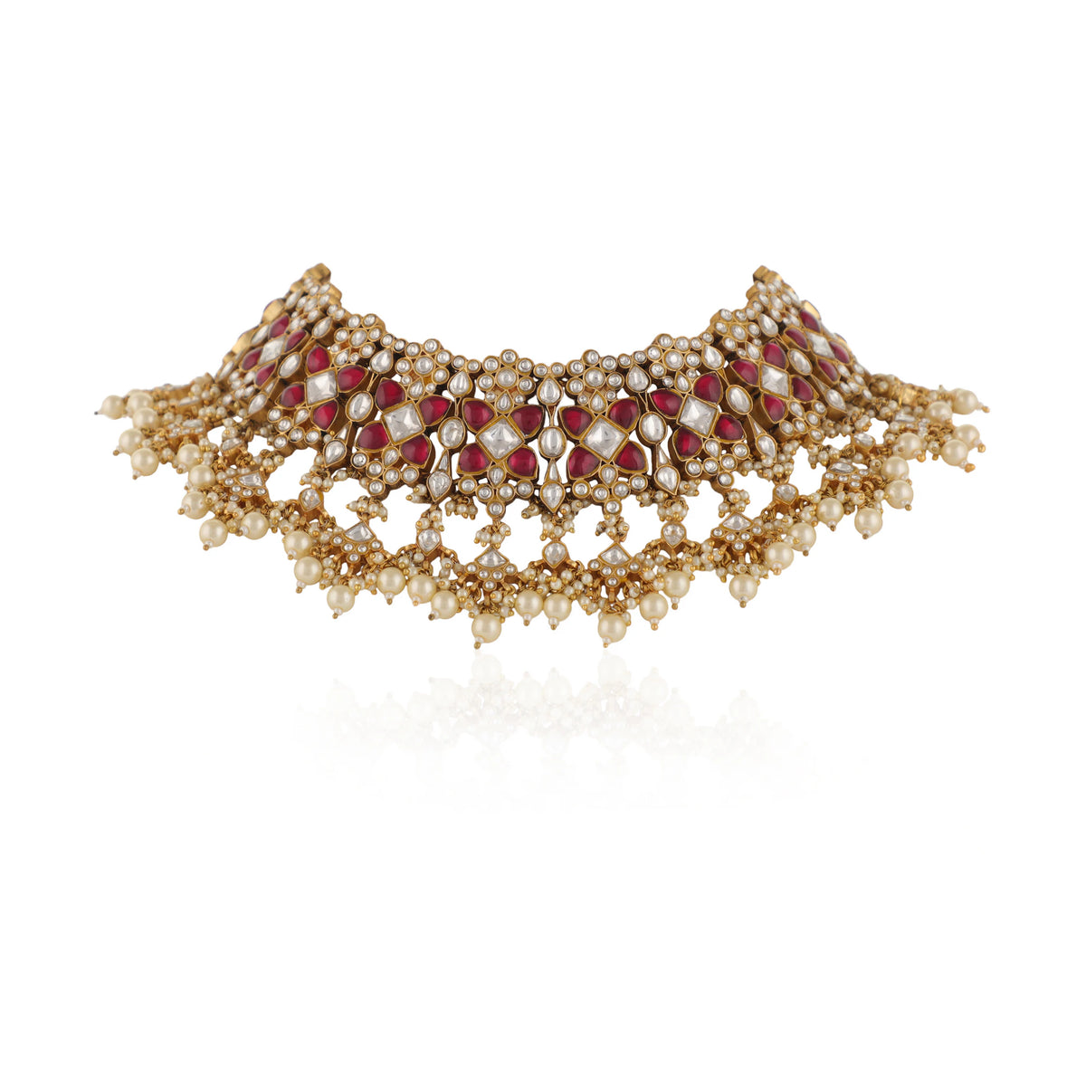 Indian Traditional Wear Bridal Pink And White Jadtar Necklace Set With White Pearl