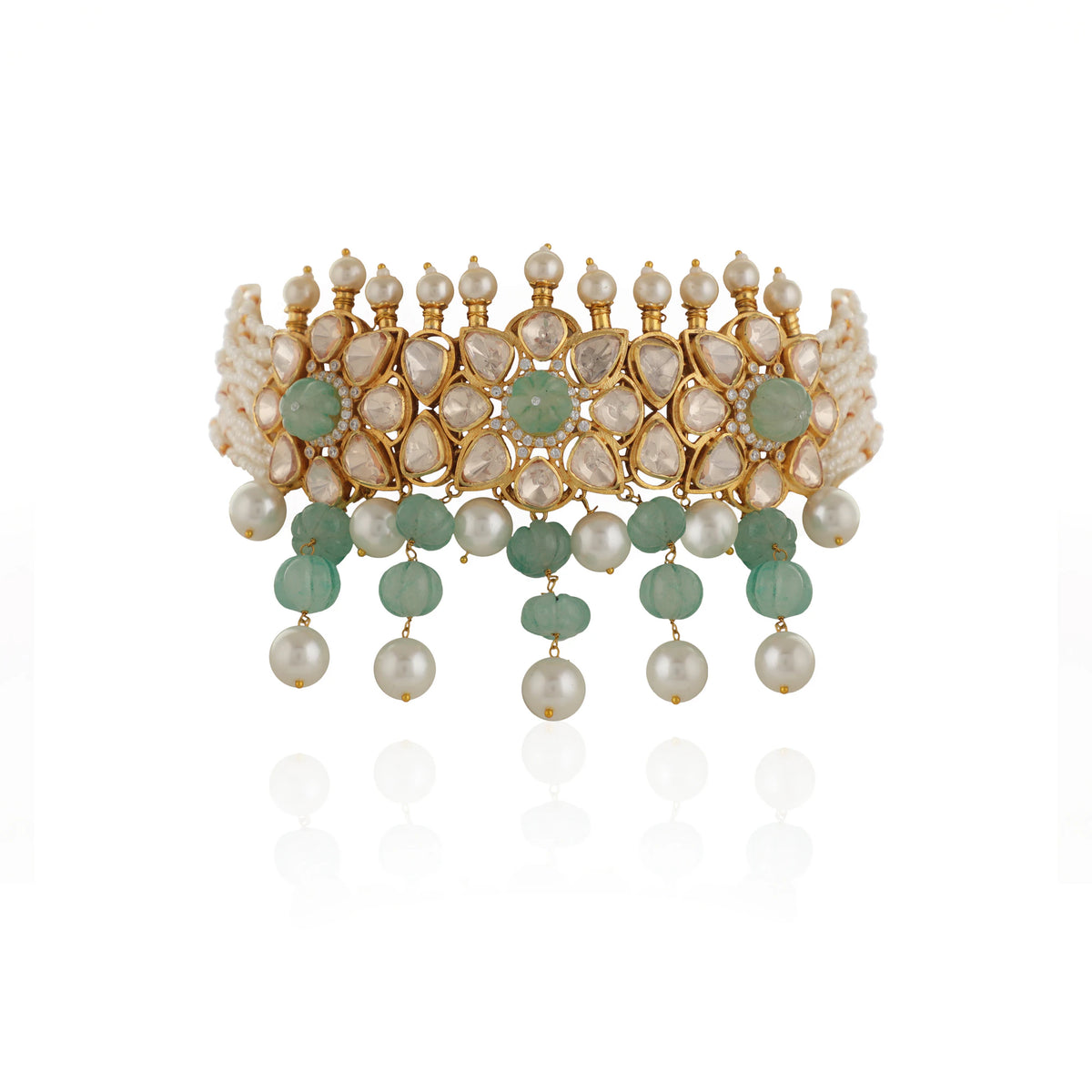 Unique Indian Bridal Wear Sea Green Choker Set With White Pearl