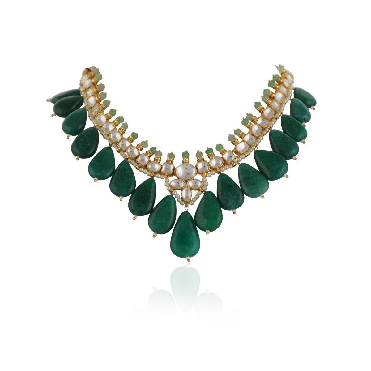 Green Emerald Leaf Shape Beads White Jadtar Gold Plated Necklace Set
