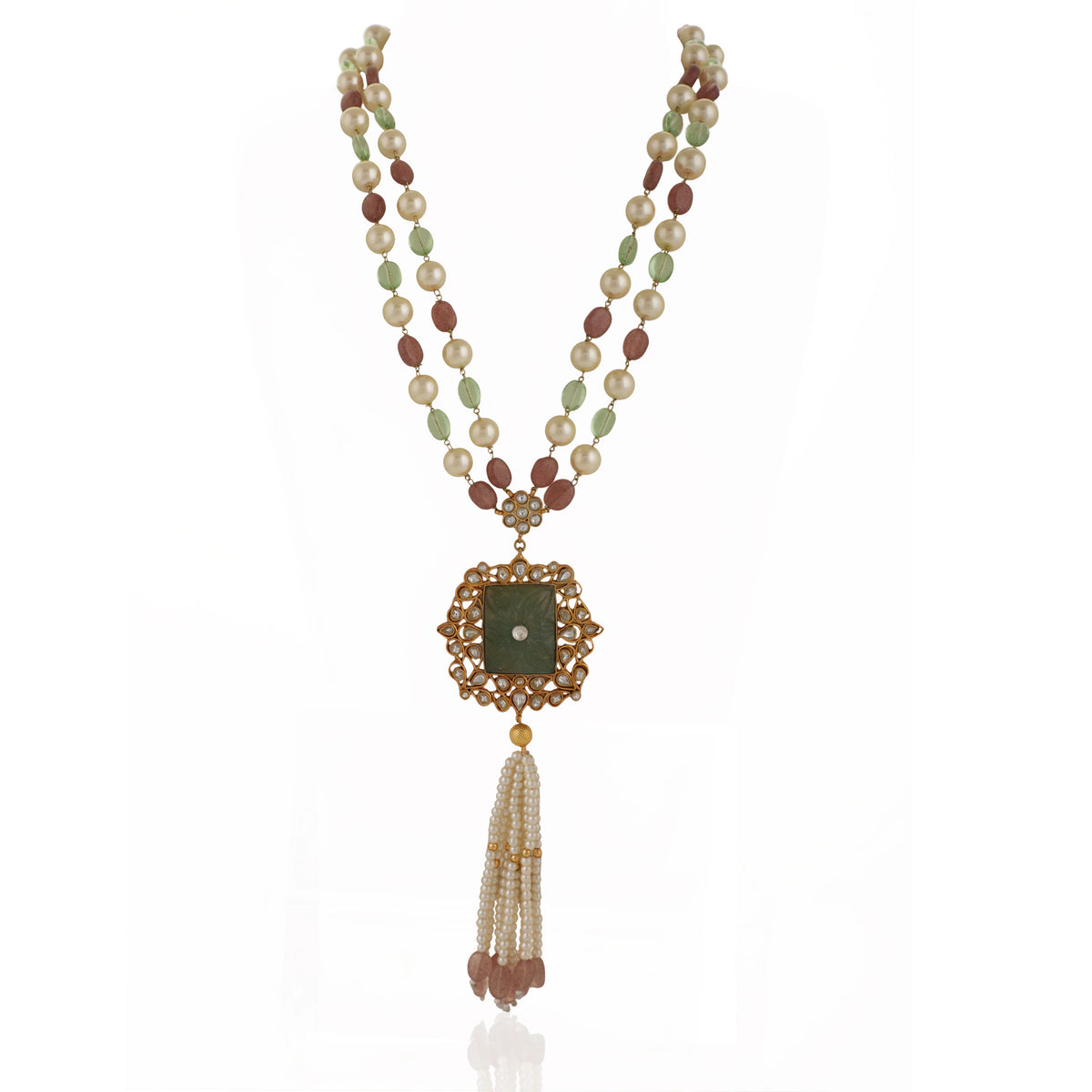 Mint Green Pendant Sea Green And Light Pink Beads Long Necklace With White Tassels