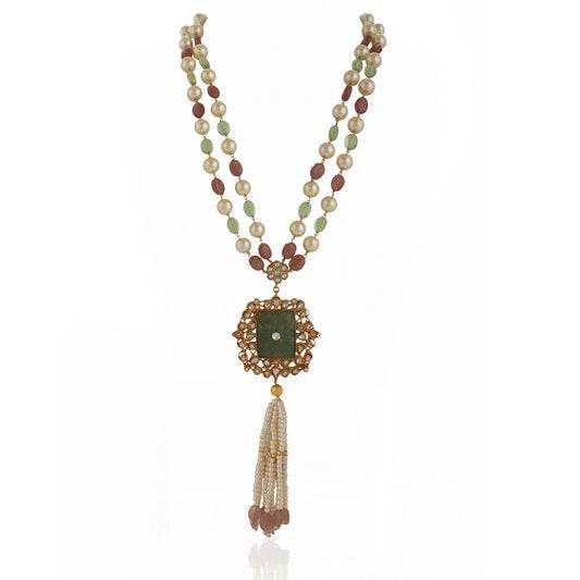 Mint Green Pendant Sea Green And Light Pink Beads Long Necklace With White Tassels