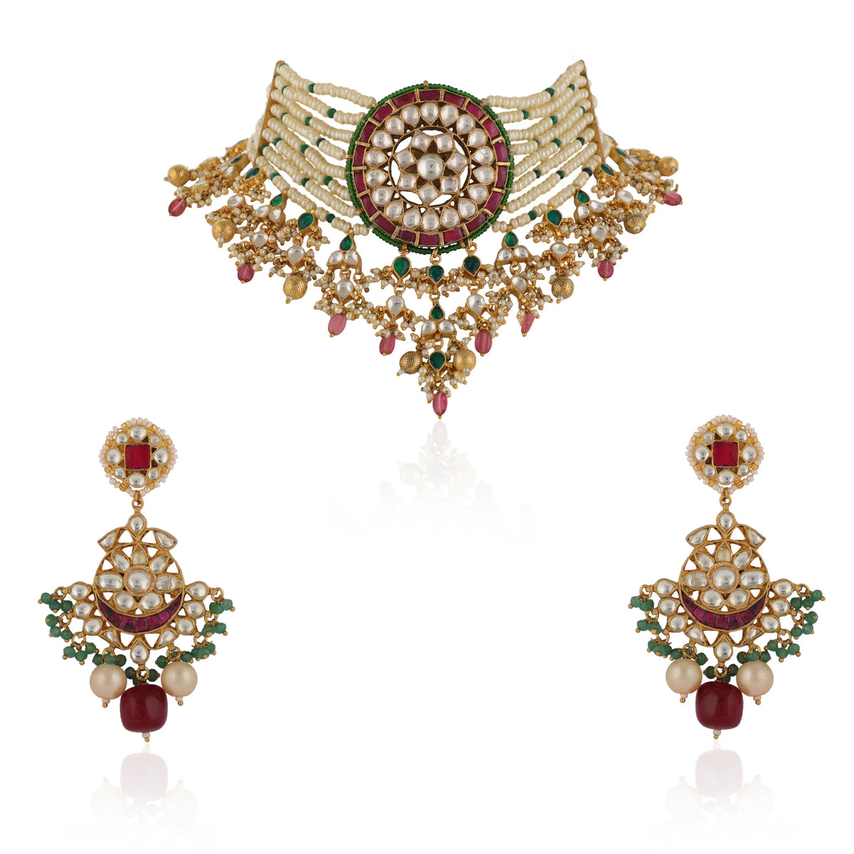 Indian Handmade White And Pink Choker Set With Pink Drop