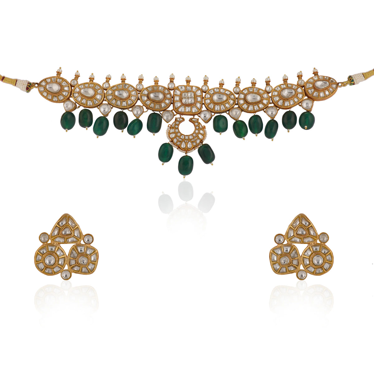 Indian Wedding Wear White Jadtar Necklace Set With Green Beads