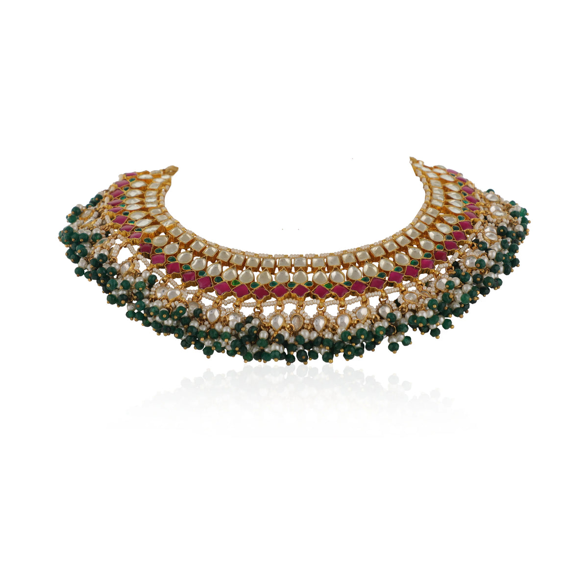 Indian Traditional Wear Pink And Green Necklace Set
