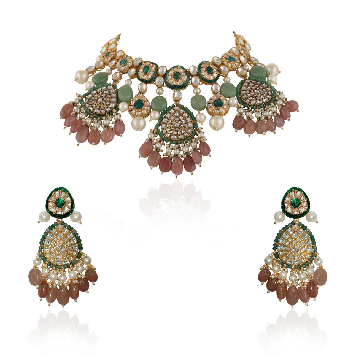 Pastel Pink Beads And Green Meena Work With White Pearl Bridal Necklace Set