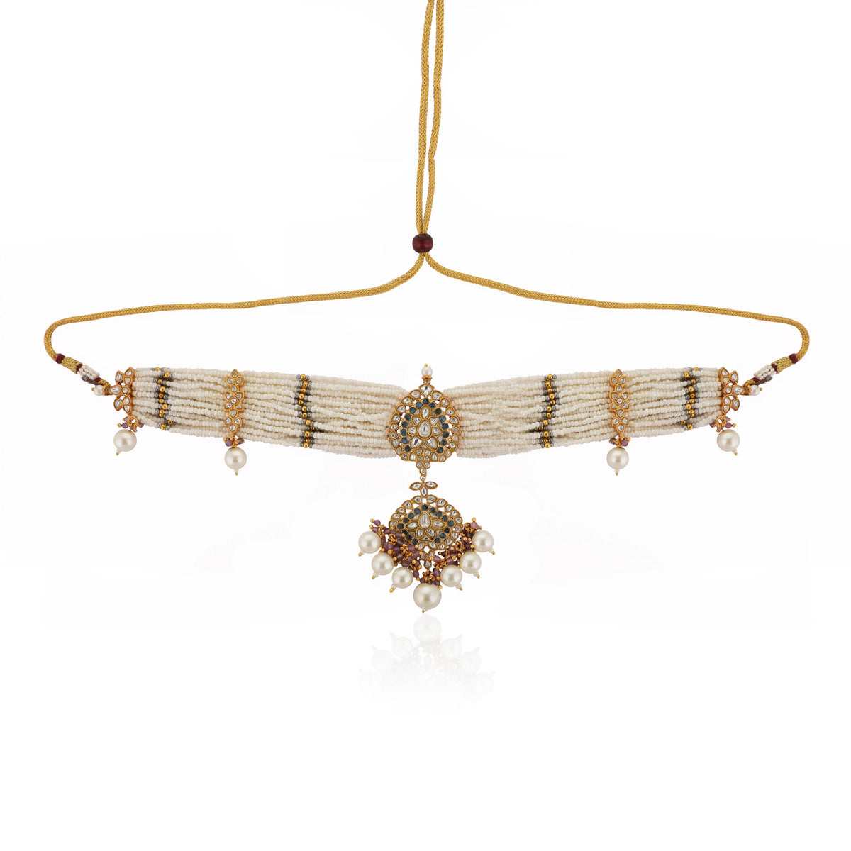 White Jadtar Choker Set With White Pearl And Blue Hangings