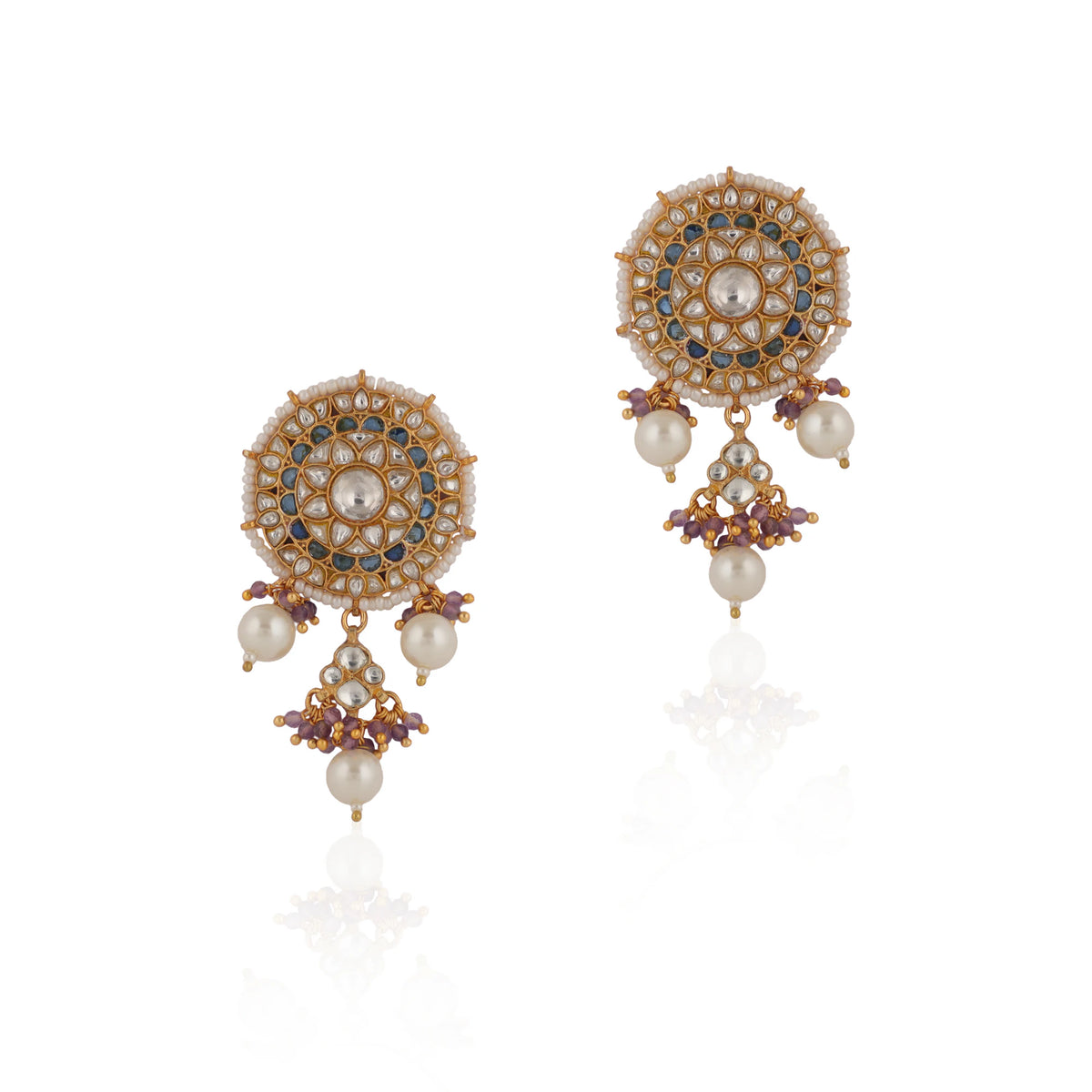 White Jadtar Choker Set With White Pearl And Blue Hangings