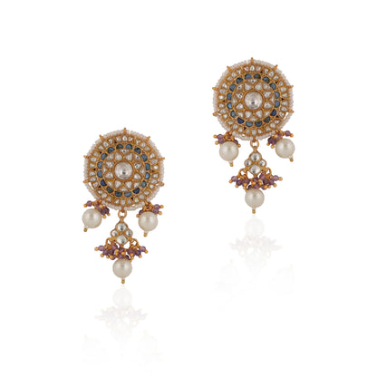 White Jadtar Choker Set With White Pearl And Blue Hangings