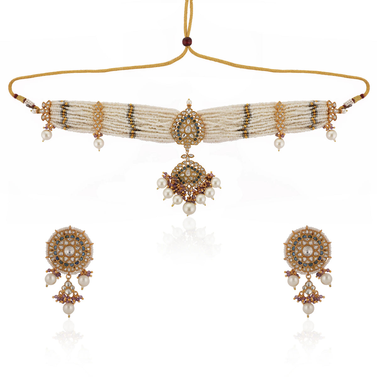 White Jadtar Choker Set With White Pearl And Blue Hangings