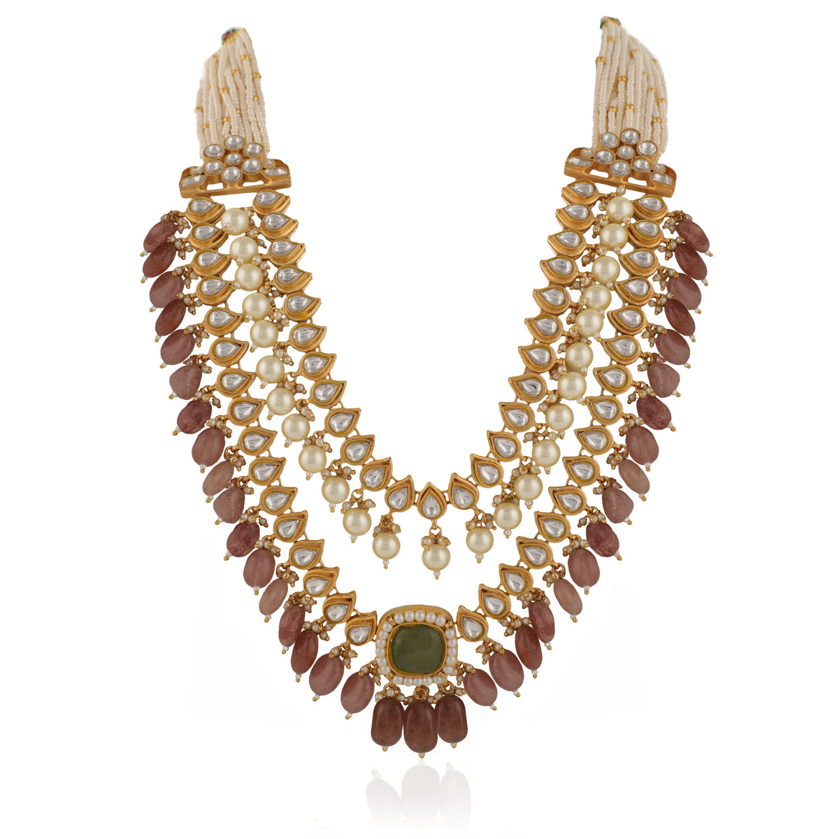 Indian Handcrafted Jadtar White & Mint Green Bridal Special Double Layered Necklace Set