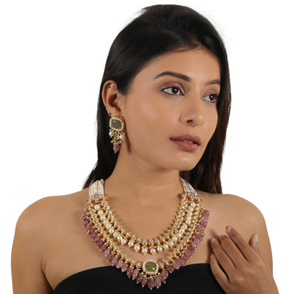 Indian Handcrafted Jadtar White & Mint Green Bridal Special Double Layered Necklace Set