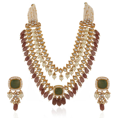 Indian Handcrafted Jadtar White & Mint Green Bridal Special Double Layered Necklace Set