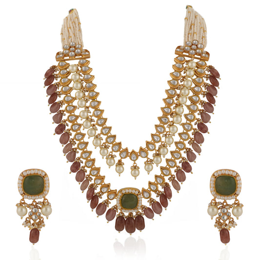 Indian Handcrafted Jadtar White & Mint Green Bridal Special Double Layered Necklace Set