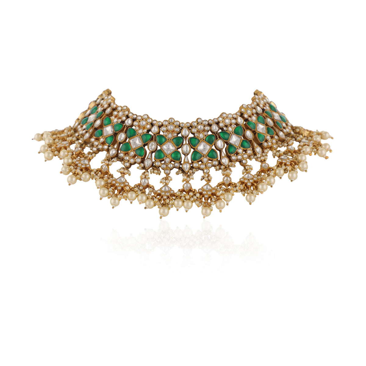 Indian Handcrafted Green And White Traditional Wear Jadtar Necklace Set